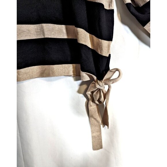 Boston Proper Size L Black Cream Cold Shoulder Stripe Trumpet Sleeve Tie Sweater - Picture 4 of 7